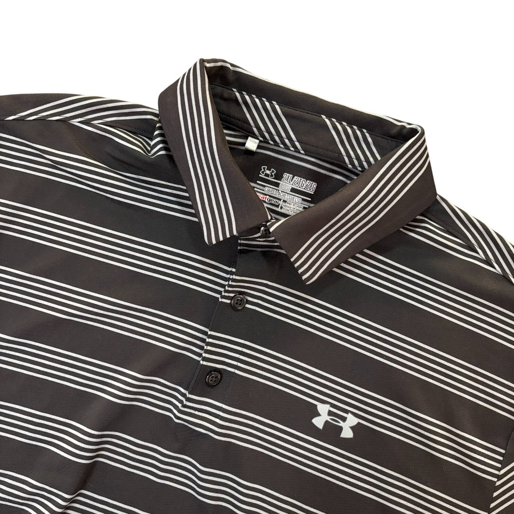 UNDER ARMOUR HeatGear Polo Shirt Mens 2XL Black White Striped Loose Fit